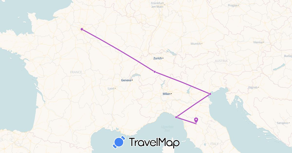 TravelMap itinerary: train in Switzerland, France, Italy (Europe)